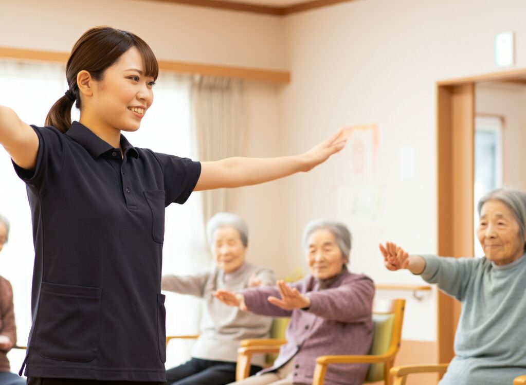 対照する介護職員と高齢者